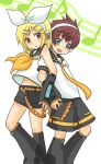  1boy 1girl 2boys asbel_lhant blonde_hair blue_eyes brown_eyes brown_hair cosplay headset kagamine_len kagamine_len_(cosplay) kagamine_rin kagamine_rin_(cosplay) kurumi_(forte) male multiple_boys musical_note richard_(tales_of_graces) short_hair shorts tales_of_(series) tales_of_graces trap vocaloid 