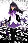  akemi_homura argyle argyle_legwear black_hair black_legwear checkered checkered_floor chexkered_floor hair_tucking hairband long_hair magical_girl mahou_shoujo_madoka_magica pantyhose pleated_skirt purple_eyes ribbon sakura_shounen_(hiroz) skirt solo violet_eyes 