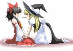  2girls all_fours apron ascot black_dress black_hair blonde_hair blush bow braid detached_sleeves dress grey_eyes hair_bow hair_tubes hakurei_reimu hat incipient_kiss iwatobi_hiro kirisame_marisa kneeling miko multiple_girls pocky pocky_kiss red_dress shared_food sitting touhou witch witch_hat yellow_eyes 