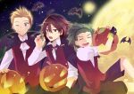  3boys ahoge amagase_touma bat blonde_hair blue_eyes brown_eyes brown_hair cape chocho_(homelessfox) closed_eyes fang fingerless_gloves full_moon gloves green_hair halloween idolmaster idolmaster_2 ijuuin_hokuto jack-o&#039;-lantern mitarai_shouta moon multiple_boys my_dear_vampire pumpkin shorts sky smile star_(sky) starry_sky wink 