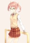  green_eyes guard_rail hair_ribbon looking_at_viewer original paseri pink_hair plaid plaid_skirt pleated_skirt red-framed_glasses ribbon school_uniform short_hair short_twintails simple_background skirt smile sweater_vest twintails 