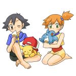  1boy 1girl azurill barefoot black_hair child green_eyes hair_bobbles hair_ornament hat hat_removed headwear_removed ice_cream_cone kasumi_(pokemon) kasumi_(pokemon)_(ag) kasumi_(pokemon_ag) kurumi_(forte) marill orange_hair pikachu pokemon pokemon_(anime) pokemon_(creature) satoshi_(pokemon) short_hair simple_background spitting white_background 