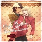  bad_id barnaby_brooks_jr birthday blonde_hair brown_eyes brown_hair cabbie_hat carrying character_name glasses green_eyes hat highres kaburagi_t_kotetsu male multiple_boys necktie nsk princess_carry role_reversal surprised tiger_&amp;_bunny 
