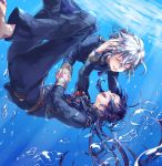  2boys blue_hair bubble honebami_toushirou long_hair military military_uniform multiple_boys namazuo_toushirou ponytail short_hair silver_hair smile soso_(sosoming) touken_ranbu underwater uniform 