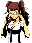  adjusting_glasses bad_id brown_eyes bust dress_shirt fujino_miyabi glasses jewelry kujikawa_rise necklace necktie persona persona_4 pink-framed_glasses red_hair redhead shirt simple_background smile solo twintails 