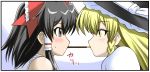  2girls black_hair blonde_hair blush bow braid eating grey_eyes hair_bow hair_tubes hakurei_reimu incipient_kiss iwatobi_hiro kirisame_marisa multiple_girls pocky pocky_kiss shared_food touhou yellow_eyes 