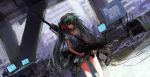  assault_rifle blueman green_hair grenade_launcher gun hatsune_miku headphones highres long_hair m16 red_eyes rifle sniper_rifle solo twintails very_long_hair vocaloid weapon 