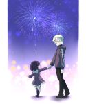  bespectacled child dress fate/stay_night fate/zero fate_(series) fireworks glasses hair_ribbon hand_holding highres holding_hands matou_kariya matou_sakura purple_eyes purple_hair ribbon scr.e uncle_and_niece violet_eyes white_hair young 