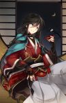  1boy black_hair blue_eyes crescent_moon endend_(shinia) highres izumi-no-kami_kanesada japanese_clothes moon sakazuki solo touken_ranbu 