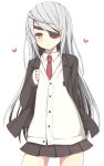  arm_behind_back bad_id blush eyepatch heart infinite_stratos laura_bodewig long_hair looking_at_viewer meet_neet necktie red_eyes school_uniform silver_hair simple_background skirt solo sweater 