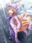  dress fox_tail from_above gurasion_(gurasion) hat long_sleeves multiple_tails rain short_hair smile tail touhou white_dress yakumo_ran yellow_eyes 