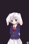  animal_ears arm_grab blazer blue_hair bunny_ears crescent dress_shirt hat kaoru_(gensou_yuugen-an) necktie parody red_eyes reisen shirt short_hair simple_background skirt smile style_parody touhou 