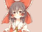  ascot bad_id blush bow brown_eyes brown_hair detached_sleeves dress hair_bow hair_tubes hakurei_reimu highres miko pasutel red_dress simple_background smile solo touhou translated 