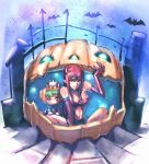  bare_shoulders bat blush bow_(artist) bow_(bhp) breasts brown_eyes crown demon_girl elbow_gloves gloves green_hair halloween hat highres horns jack-o&#039;-lantern jack-o'-lantern long_hair original pink_eyes pointy_ears pumpkin red_hair redhead shorts sitting smile spread_legs 