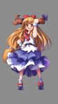  absurdres blush bow brown_eyes brown_hair chain chains cuffs dress drunk grey_background hair_bow hand_on_hip highres hips horns ibuki_suika long_hair open_mouth simple_background sinchi solo touhou 