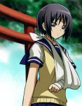  1girl bandages black_hair blueness_(michikusakan) brown_eyes cast keikain_yura nurarihyon_no_mago school_uniform short_hair skirt solo sweater_vest torii 