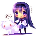  :3 akemi_homura blush cheek_pull chibi chocolat_(momoiro_piano) hairband highres hina_hina kyubey long_hair magical_girl mahou_shoujo_madoka_magica open_mouth pantyhose purple_eyes purple_hair red_eyes shirt skirt smile translated translation_request violet_eyes 