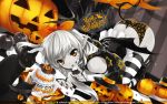  bow cake cat copyright_request demon_girl demon_wings food frills hair_bow halloween highres jack-o'-lantern misaki_kurehito monochrome nail_polish orange_eyes panties pointy_ears pumpkin solo spot_color succubus tail thigh-highs thighhighs tongue top-down_bottom-up underwear wings 