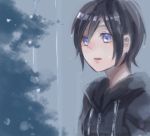  bangs black_hair blue_eyes blush cloak kingdom_hearts kingdom_hearts_358/2_days kisw2010 lips lowres rain short_hair solo swept_bangs wet xion_(kingdom_hearts) 