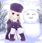  2ch :3 ^_^ blush boots cameo child closed_eyes eyes_closed fate/stay_night fate/zero fate_(series) fur_hat hat highres illyasviel_von_einzbern jacket long_hair looking_at_viewer pink_eyes scarf sitting smile snow snowman solo white_hair yaruo yaruo_(cameo) young yu1 