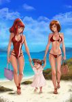  artist_request beach bikini breasts brown_hair child cleavage clothed_navel cross good_end gunbuster holding_hands if_they_mated jewelry jung_freud multiple_girls necklace noriko_takaya one-piece_swimsuit sandals skindentation skinny swimsuit takaya_noriko top_wo_nerae! yuri 