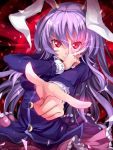  animal_ears atomix bunny_ears bust crescent finger_gun fingernails foreshortening glaring glowing glowing_eyes hands highres long_hair looking_at_viewer purple_hair red_eyes reisen_udongein_inaba skirt solo touhou 