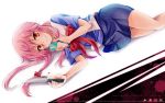  blood bloody_knife blush bow cellphone gasai_yuno hair_bow knife kubyou_azami long_hair lying mirai_nikki on_floor on_side payot phone pink_hair red_eyes school_uniform skirt smile solo yandere 