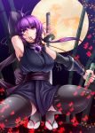  antenna_hair armpits bamboo black_legwear breasts full_moon highres holster japanese_clothes katana kunai large_breasts long_hair masataka moon mouth_hold night ninja original purple_eyes purple_hair ribbon sandals scarf solo squatting sword tabi thigh_holster thighhighs torn_clothes violet_eyes weapon 