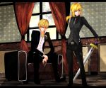  earrings excalibur fate/stay_night fate/zero fate_(series) formal gilgamesh green_eyes jewelry multiple_boys necklace pant_suit ponytail red_eyes saber sakura_shounen_(hiroz) suit sword vest waistcoat weapon window 