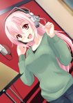  blush casual dutch_angle fingernails hand_on_headphones hands headphones highres long_hair looking_at_viewer microphone mis_res nitroplus open_mouth pink_eyes pink_hair ribbed_sweater singing smile solo super_sonico sweater 