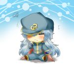  =_= alternate_costume blue_hair blush cape chibi closed_eyes eyes_closed fang hand_on_own_face hand_to_face hat kamishirasawa_keine long_hair multicolored_hair rebecca_(keinelove) rebecca_(naononakukoroni) sitting solo touhou two-tone_hair uniform wavy_mouth 