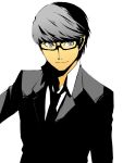  bad_id bust formal fujino_miyabi glasses grey_eyes grey_hair male narukami_yuu necktie persona persona_4 short_hair simple_background solo suit 