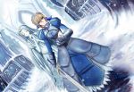  blonde_hair blue_eyes breastplate dutch_angle excalibur fate/stay_night fate_(series) gauntlets saber snow statue sword weapon zen_(weishanzhe) 