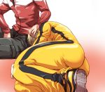  barnaby_brooks_jr blonde_hair bruce_lee&#039;s_jumpsuit bruce_lee's_jumpsuit huang_baoling jacket petting rduuroorn red_jacket shoes sneakers tiger_&amp;_bunny 