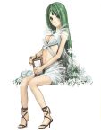  blush breasts cleavage cleavage_cutout domo1220 dress forehead_jewel green_eyes green_hair harp heart high_heels instrument jewelry long_hair looking_at_viewer navel original pendant sandals shoes simple_background sitting smile solo very_long_hair yamaaaa 