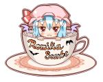  bat bat_wings blue_hair character_name chibi cup fang girl_in_a_cup hat hat_ribbon in_container in_cup minigirl open_mouth red_eyes remilia_scarlet ribbon saucer short_hair solo touhou umi_suzume wings 