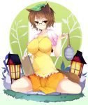  absurdres animal_ears bamboo bottle breasts brown_dress brown_eyes brown_hair dress faux_figurine futatsuiwa_mamizou glasses hakoniwa highres holding impossible_clothes impossible_clothing impossible_shirt kusano_(torisukerabasu) lamp large_breasts leaf leaf_on_head notebook notepad pince-nez raccoon_ears raccoon_tail rock sake shirt short_hair sitting skirt smile solo spread_legs tail touhou wariza 
