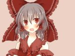  ascot bad_id blush bow brown_eyes brown_hair detached_sleeves dress hair_bow hair_tubes hakurei_reimu highres miko open_mouth pasutel red_dress red_eyes simple_background solo touhou 