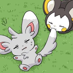  biting closed_eyes emolga grass kurumi_(forte) lowres minccino no_humans pokemon pokemon_(creature) pokemon_(game) pokemon_black_and_white pokemon_bw tail tail_biting 