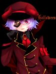  armband ascot bad_id black_background english eyepatch gem gloves halloween hat highres looking_at_viewer open_mouth peaked_cap purple_hair red_eyes remilia_scarlet short_hair simple_background smile solo touhou uniform yutazou 