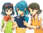  blue_hair clipboard glasses glasses_on_head green_eyes green_hair hair_ornament hair_over_one_eye hairclip inazuma_eleven inazuma_eleven_(series) kazemaru_ichirouta kino_aki long_hair multiple_girls notebook otonashi_haruna pen ponytail red-framed_glasses short_hair trap yorozuyozu 