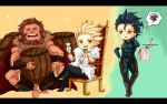  barrel beard black_hair blonde_hair bracelet cape chibi cup earrings facial_hair fate/stay_night fate/zero fate_(series) fur_coat gilgamesh jewelry komehaze lancer_(fate/zero) letterboxed male mole multiple_boys necklace red_eyes red_hair redhead rider_(fate/zero) short_hair waiter wine_glass yellow_eyes 