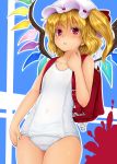  backpack bag bare_shoulders blonde_hair blush chikado colored_eyelashes flandre_scarlet hat one-piece_swimsuit randoseru red_eyes ruler school_swimsuit side_ponytail solo swimsuit the_embodiment_of_scarlet_devil touhou white_school_swimsuit wings 