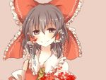  ascot bad_id blood blood_on_face bloody_clothes blush bow brown_eyes brown_hair detached_sleeves dress hair_bow hair_tubes hakurei_reimu highres miko pasutel red_dress simple_background smile solo touhou translated yandere 
