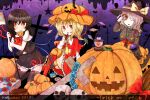  asymmetrical_wings bat black_hair black_legwear blonde_hair blush cake candy cross doughnut dress eyeball flandre_scarlet food food_themed_clothes grave green_eyes green_hair halloween hat houjuu_nue jack-o&#039;-lantern komeiji_koishi lantern lollipop multiple_girls open_mouth pumpkin red_eyes scythe short_hair side_ponytail silver_hair skirt smile star sun_hat thigh-highs thighhighs third_eye touhou trick_or_treat wings witch_hat yaminotsuki_kisaragi yaminotuki_kisaragi 