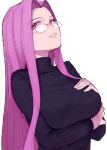  breast_hold breasts eyelashes face fate/stay_night fate_(series) glasses lips long_hair purple_eyes purple_hair rider rimless_glasses shirabi_(life-is-free) solo turtleneck violet_eyes 
