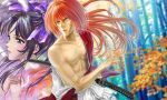  blurry bow depth_of_field hair_bow hands_on_chest hands_on_own_chest himura_kenshin japanese_clothes kamiya_kaoru katana kimono open_mouth orange_eyes red_hair redhead rurouni_kenshin scar sheath sword tougami weapon 