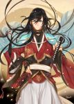  1boy black_hair blue_eyes fuu_kotora haori izumi-no-kami_kanesada japanese_clothes petals solo touken_ranbu 