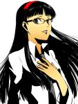  amagi_yukiko bad_id black_eyes black_hair bust dress_shirt fujino_miyabi glasses hairband hand_on_own_chest hand_to_chest long_hair looking_at_viewer necktie persona persona_4 red-framed_glasses shirt simple_background smile solo 