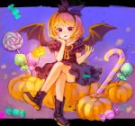  bat_wings blonde_hair candy candy_cane chin_rest crossed_legs dress hair_ribbon hairband halloween highres letterboxed lollipop looking_at_viewer nail_polish open_mouth original pumpkin purple_dress purple_eyes ribbon sitting smile solo swirl_lollipop violet_eyes wings 